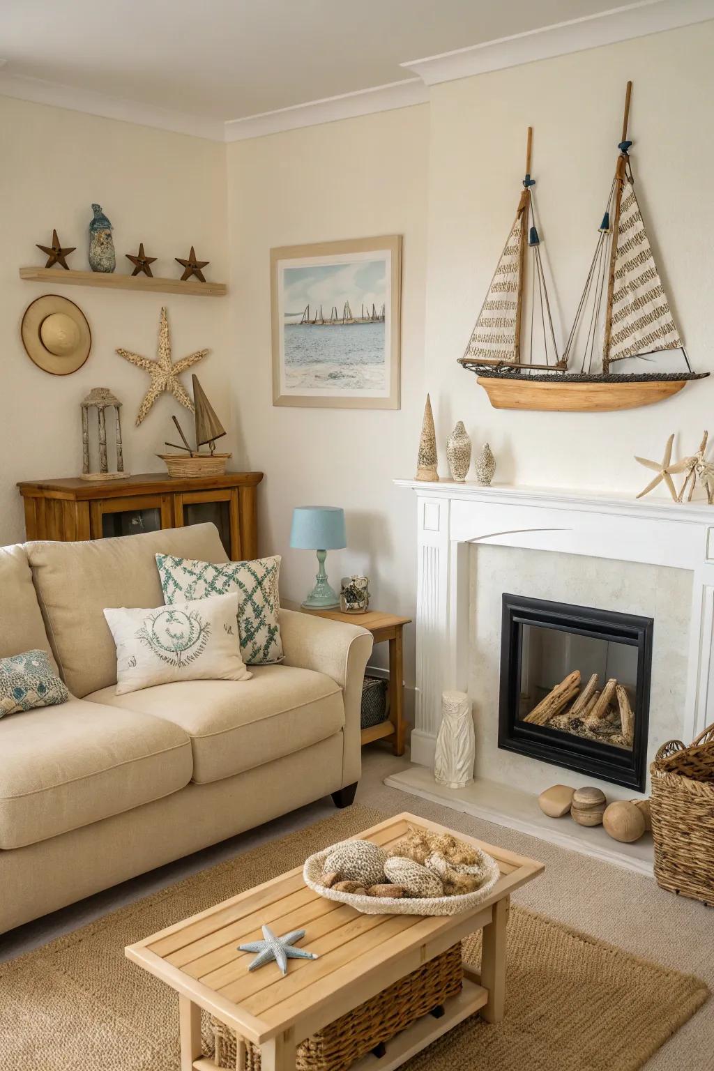 A shoreline themed living area with a light-colored fireplace and nautical features.
