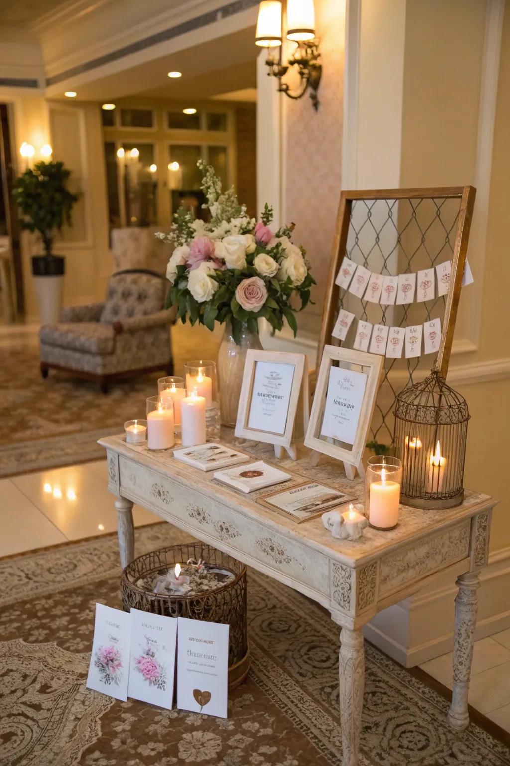 Personalized keepsake station with elegant decor.