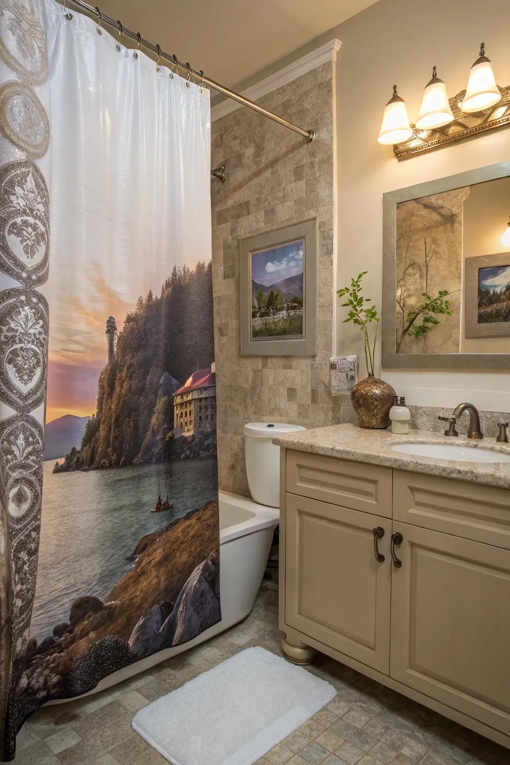 A shower curtain with a captivating scene creates a unique focal point in the bathroom.
