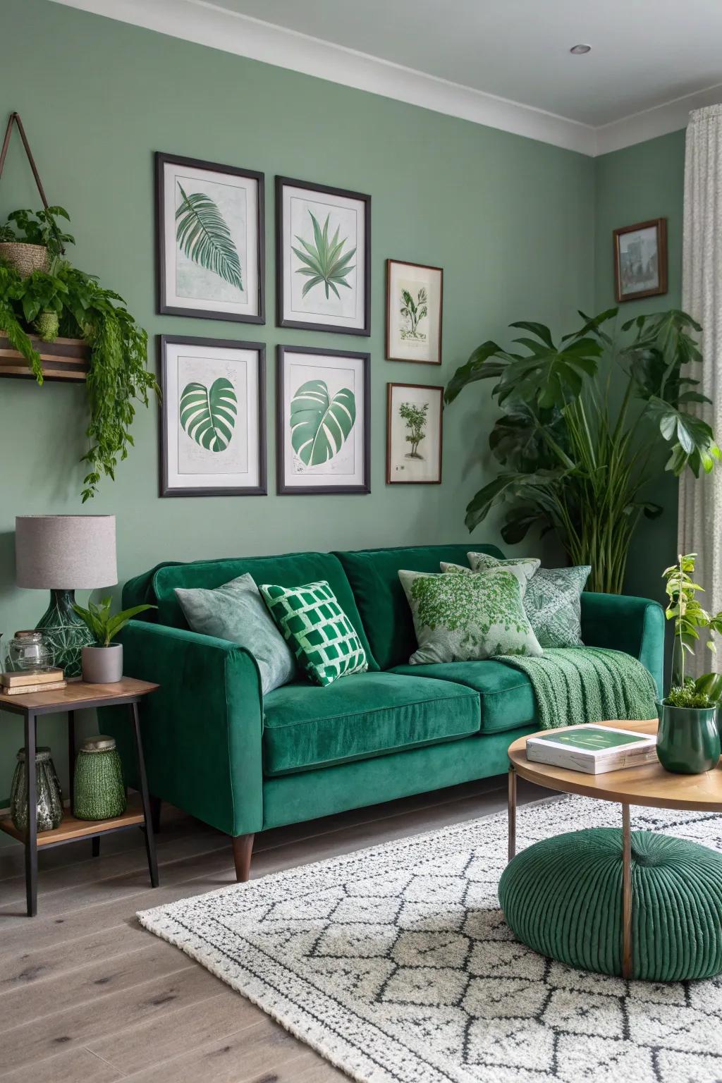 The emerald sofa is the foundation of a chic monochrome arrangement.