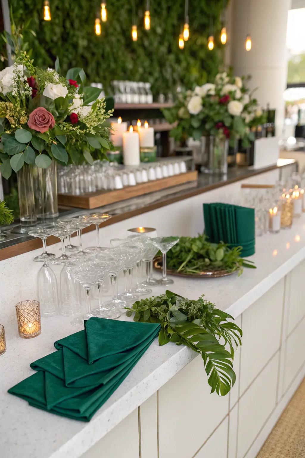 A chic bar area with forest particulars.
