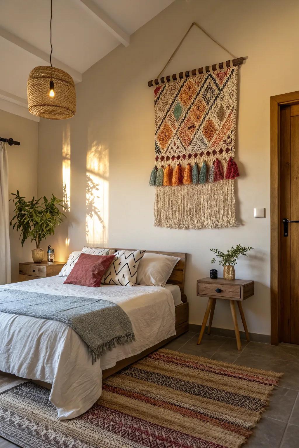 A snug textile partition hanging infusing the quarter with bohemian warmth.