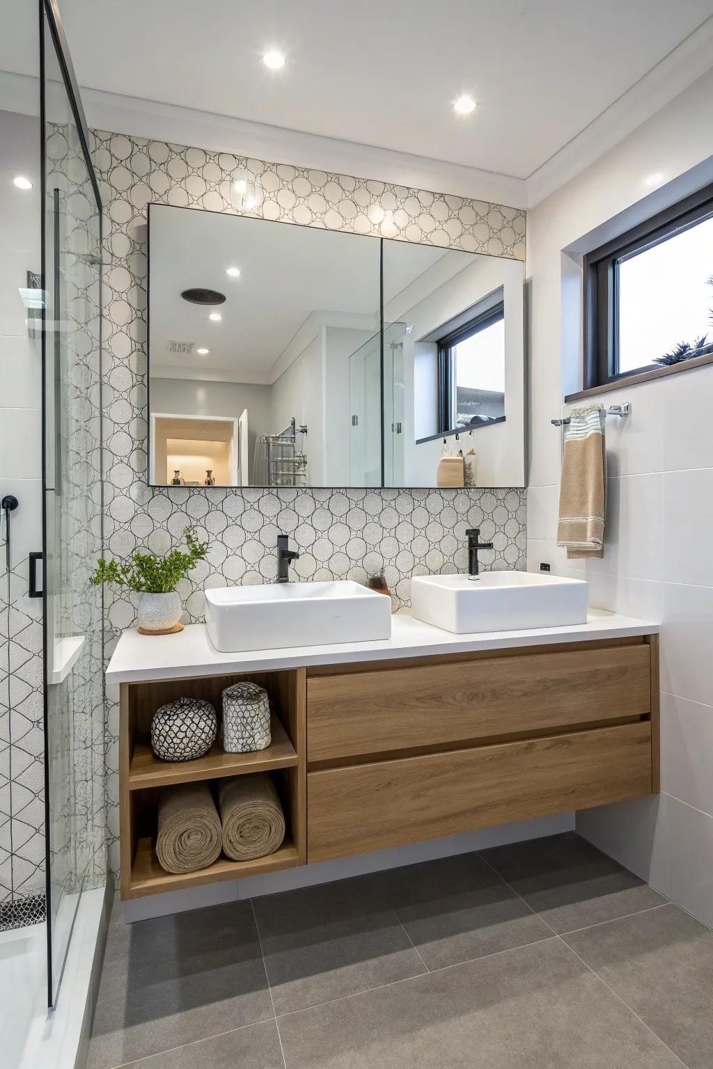 A drifting console amplifies the streamlined and modern features of this ensuite.