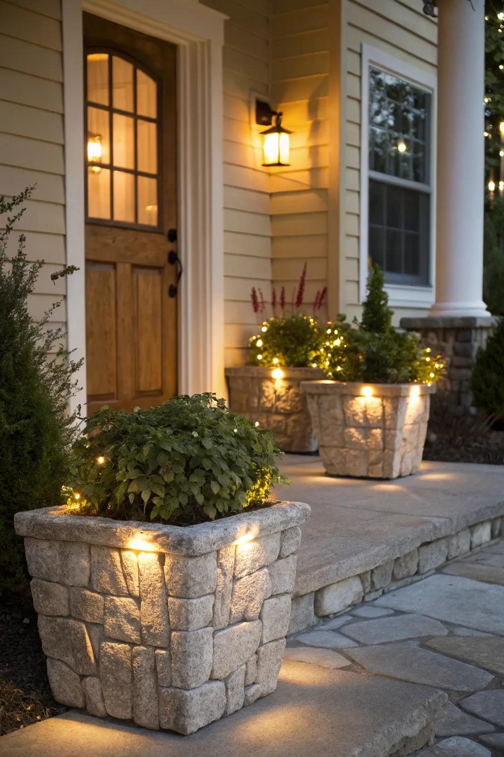 Dual-purpose stone gardens with lights that elevate the porch's ambiance.