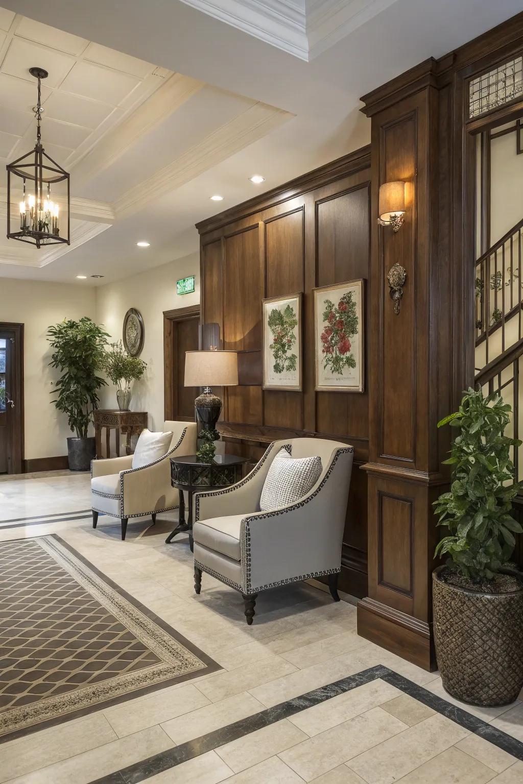 An intriguing entryway is achieved by blending different styles.