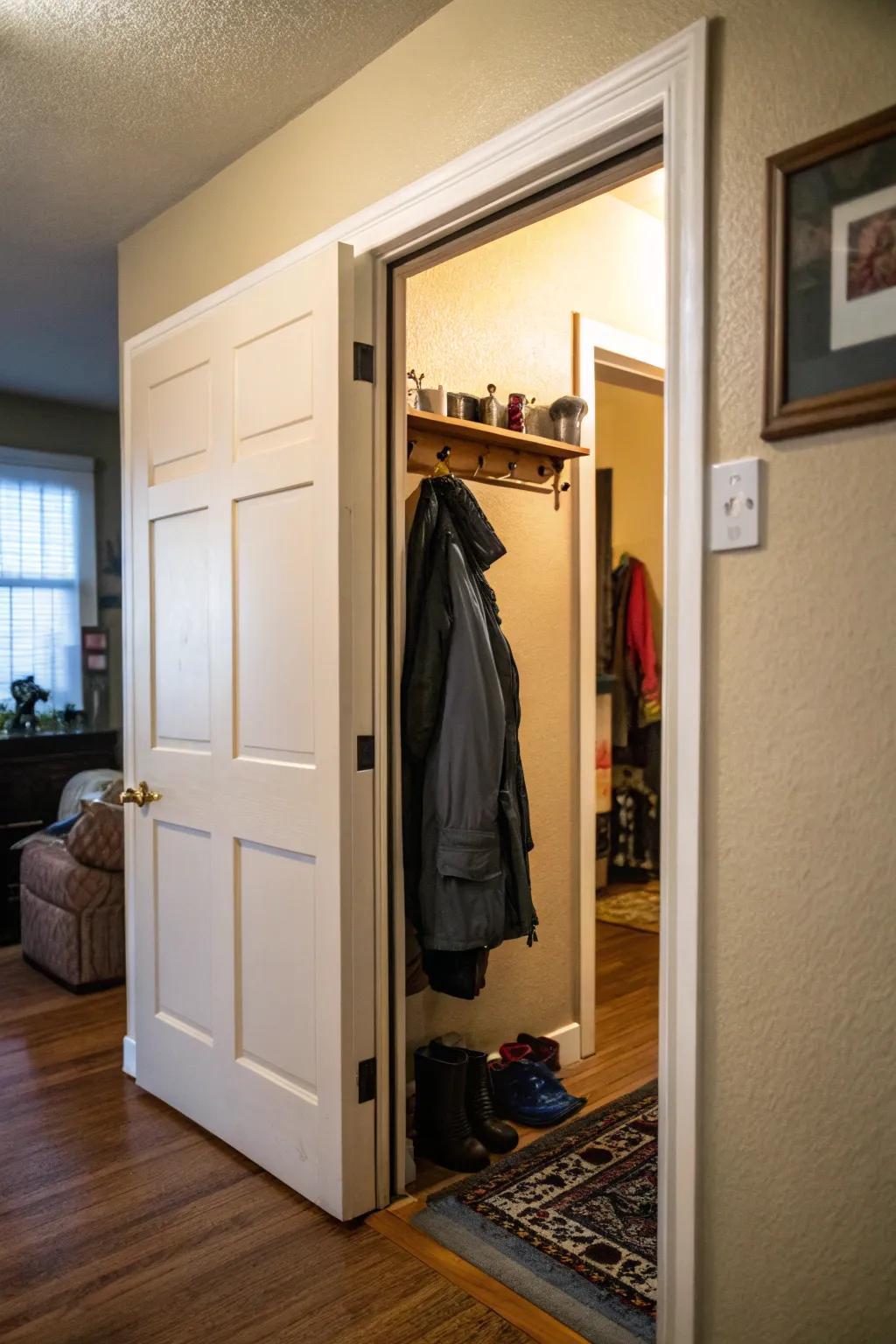 Conceal coats through a sliding door for a streamlined entryway.