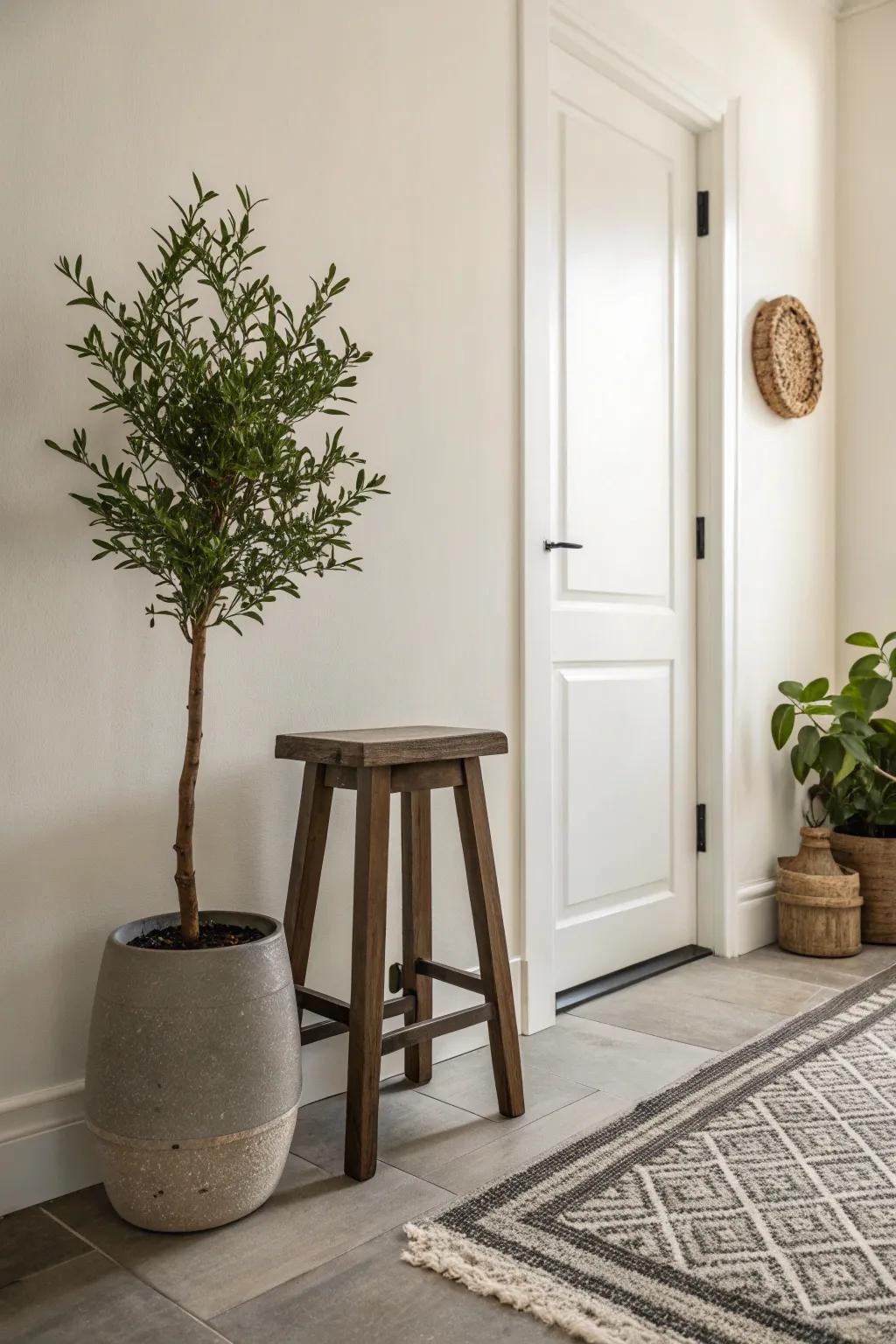 A minimalist approach crafts a serene entryway corner.