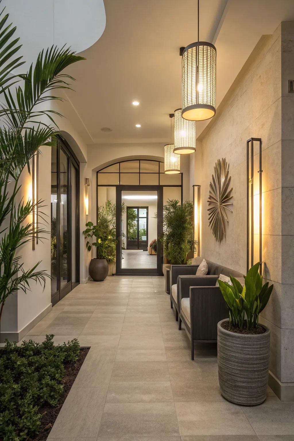Eco-friendly LED lighting creates a sustainable style in this entryway.