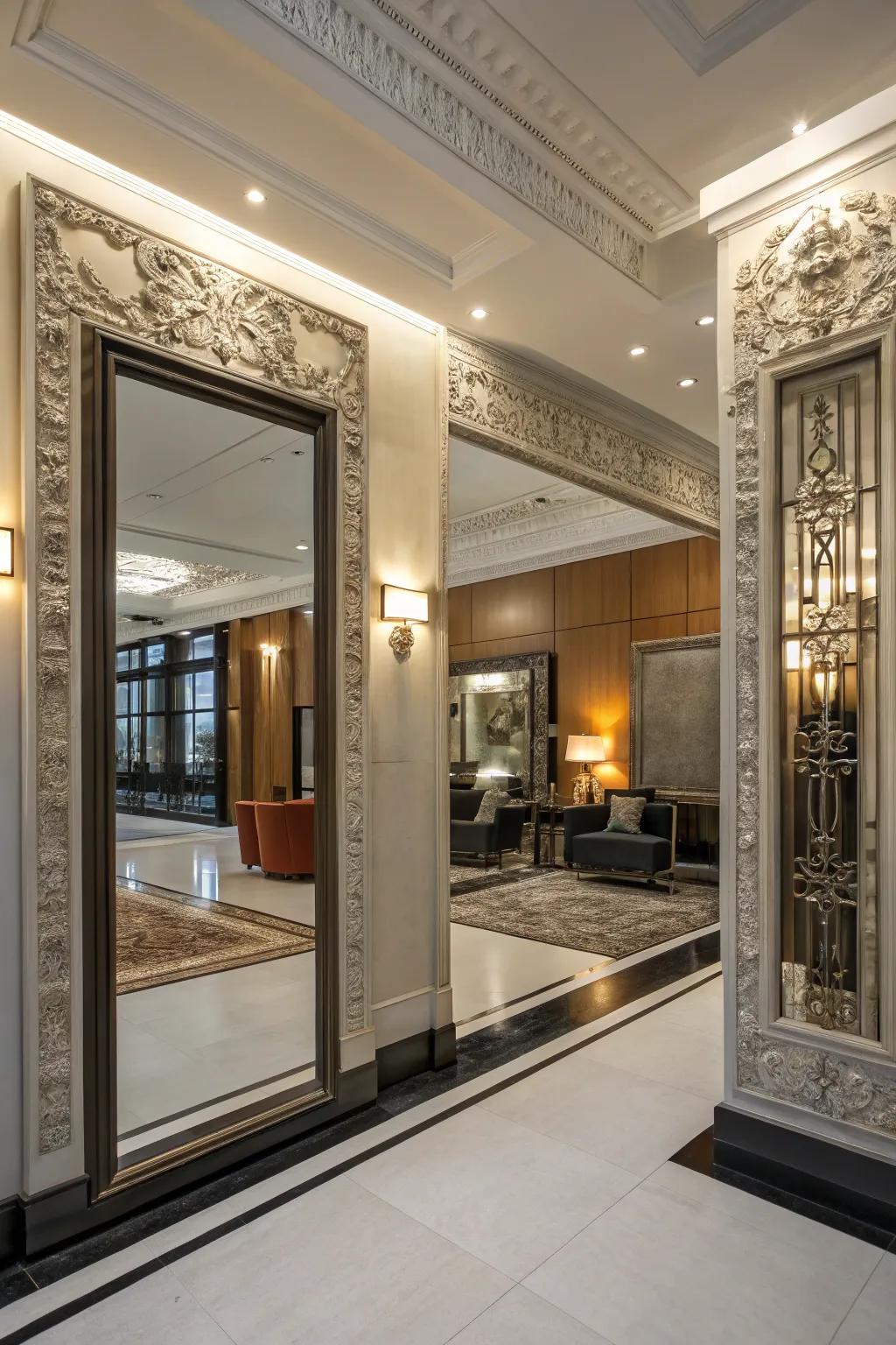 Mirrors and trim collectively fashion a sense of spaciousness.