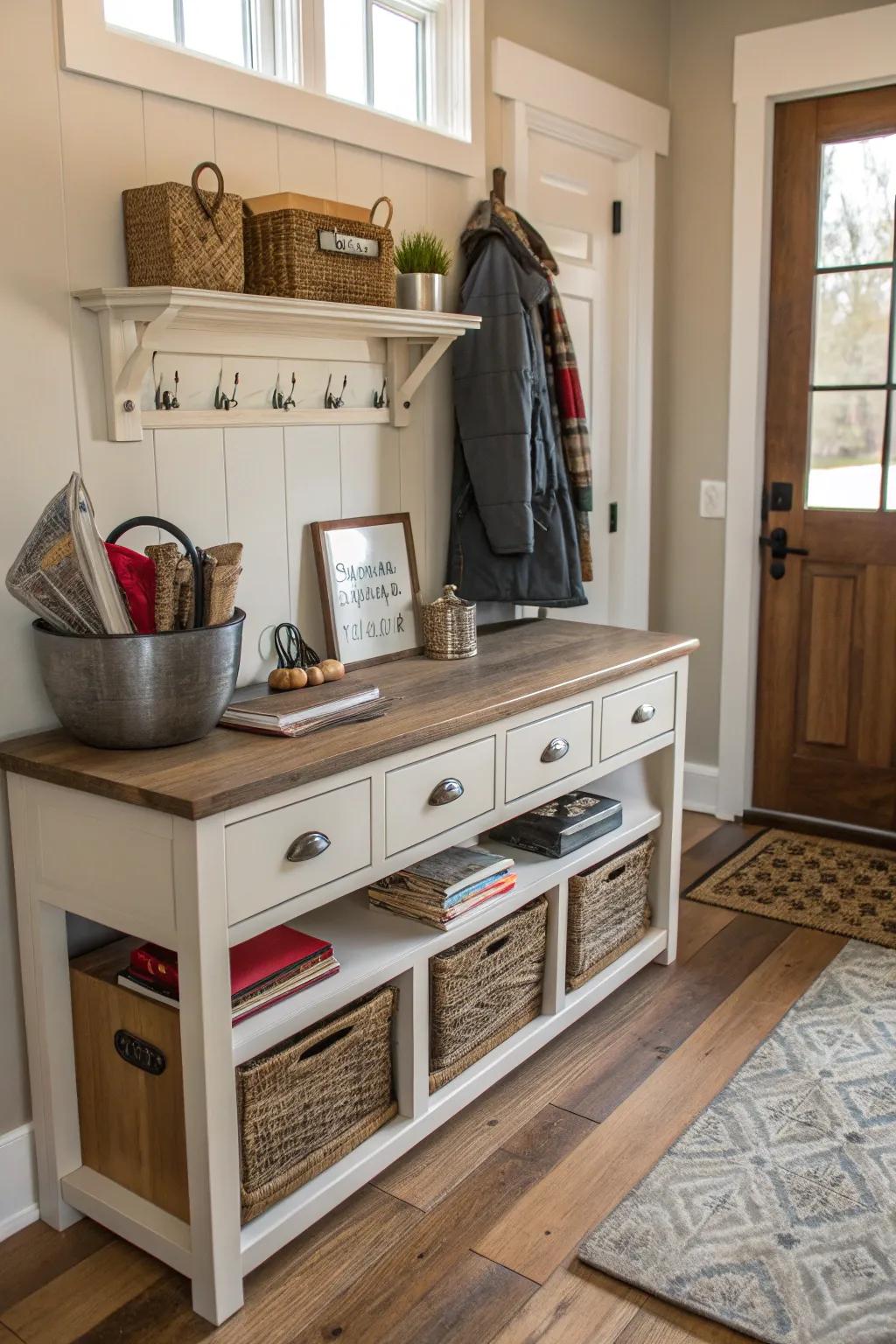 A console table adds functionality and a touch of elegance to this mudroom.