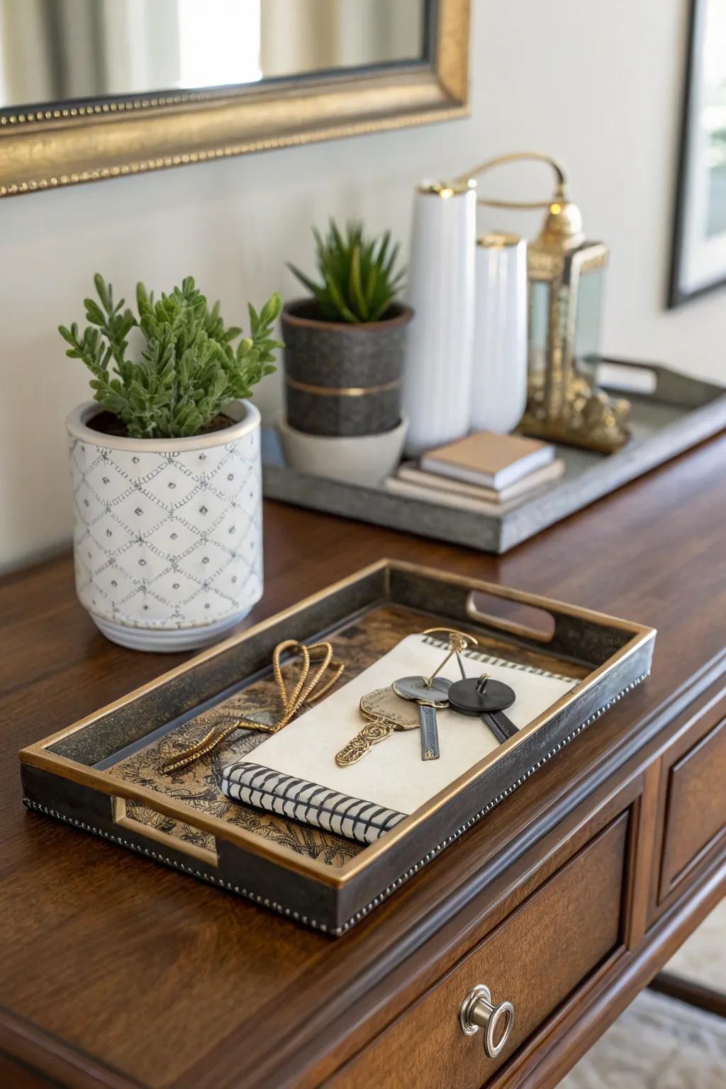 An entryway dish keeps daily essentials organized and accessible.