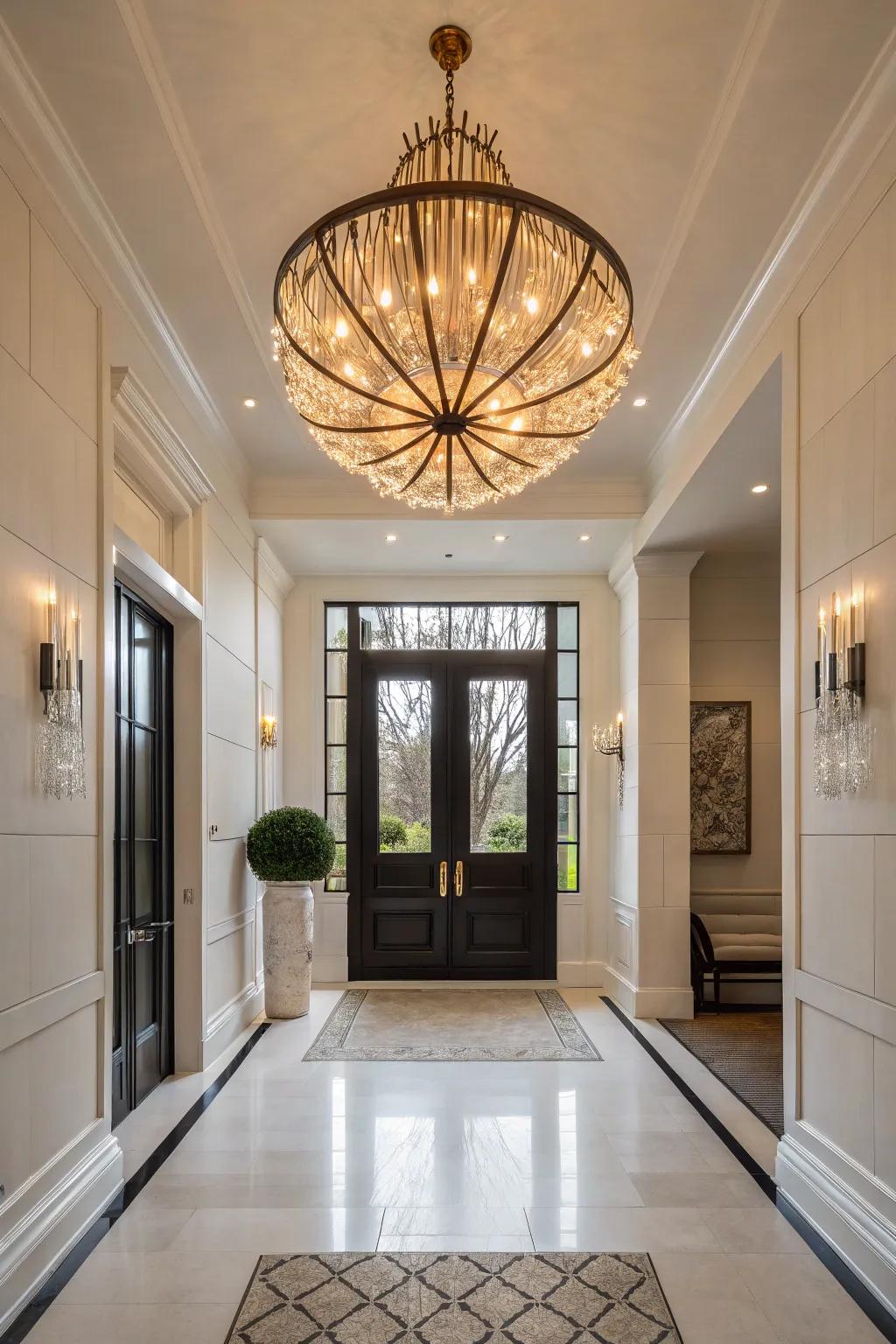 An entryway featuring an enlarged sculptural light fixture that makes a bold statement.