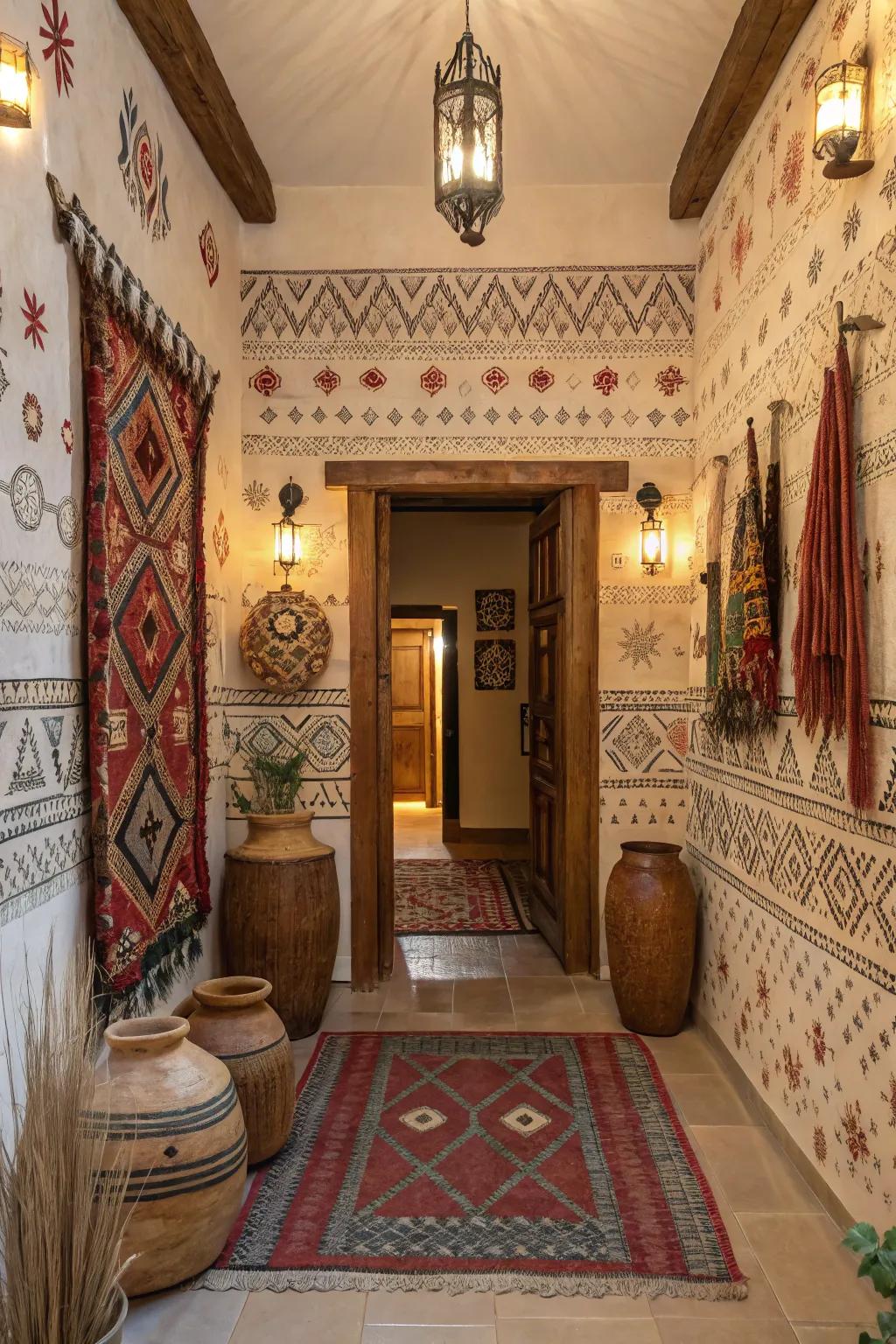 Worldly entryway with cultural patterned wallpaper showcasing global influences.
