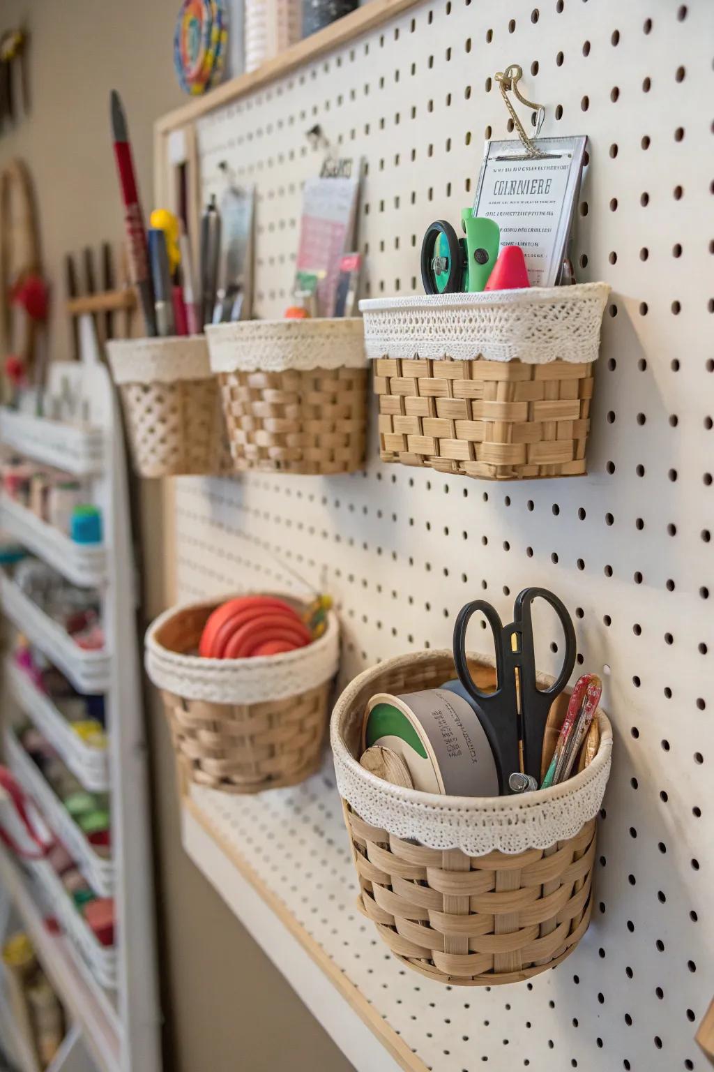 Pegboards provide flexible hanging storage.