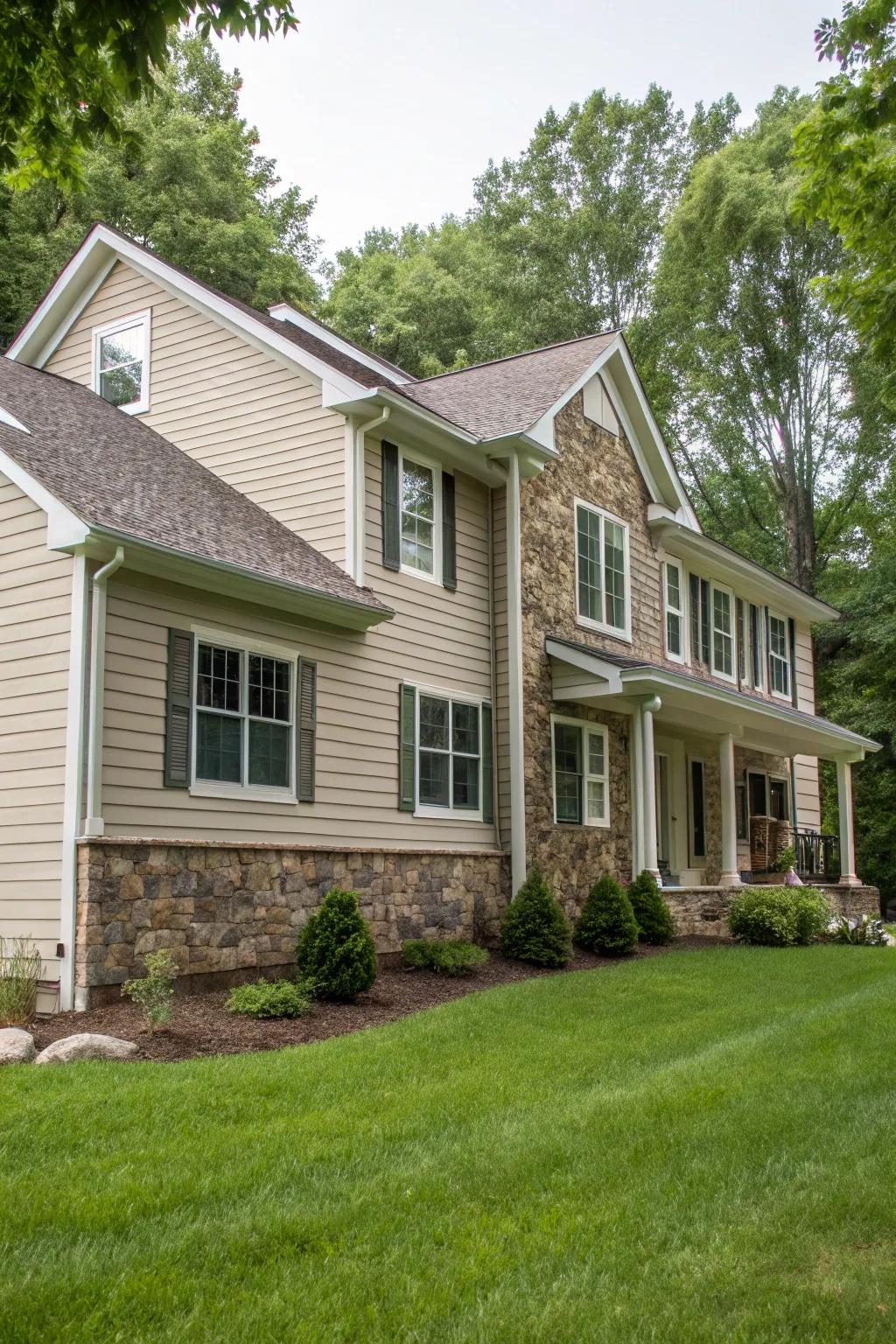 Natural stone adds a rustic elegance to window exteriors.
