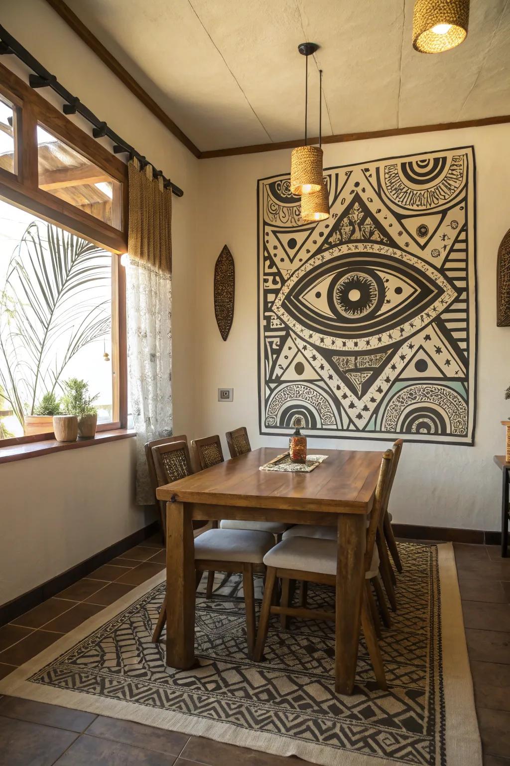 An ethnic vision pattern painting that introduces an exotic touch to the dining room.