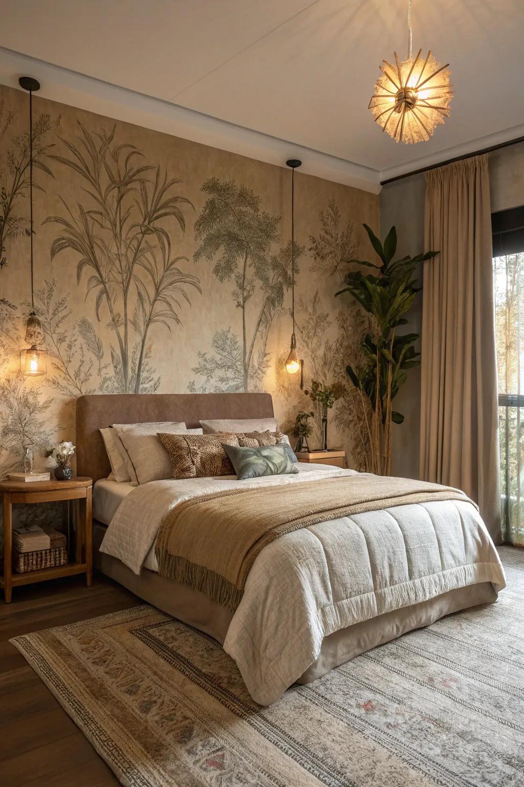 Comforting natural hues in fabric wallpaper create a serene oasis.