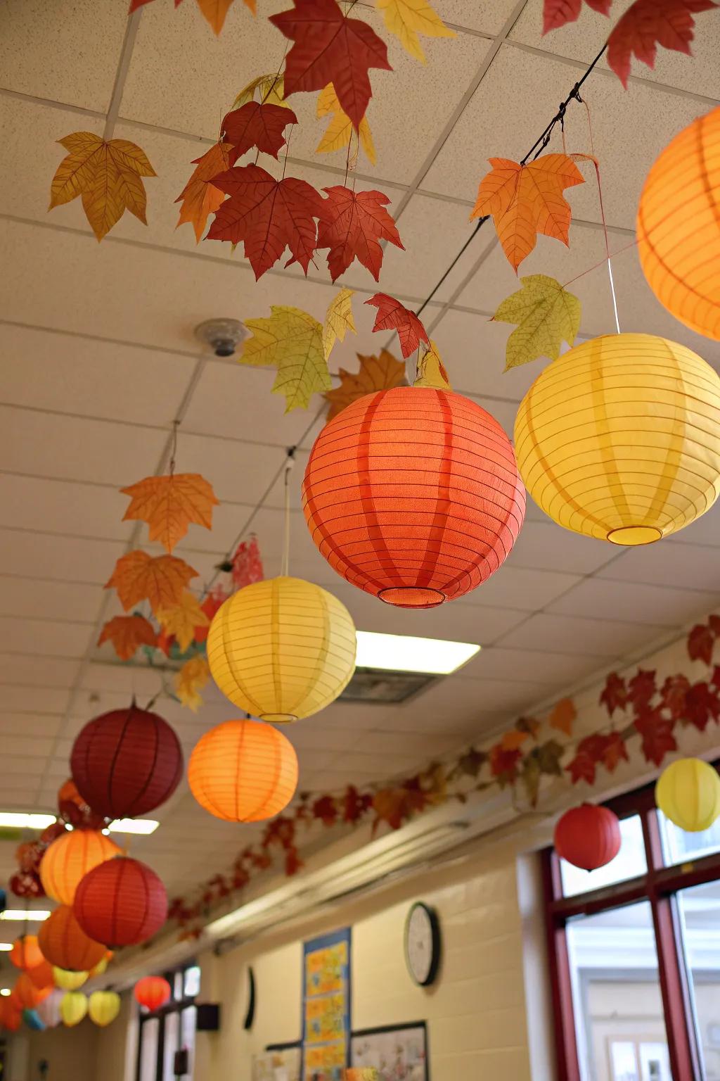 Whimsical paper lanterns dance in autumn hues.