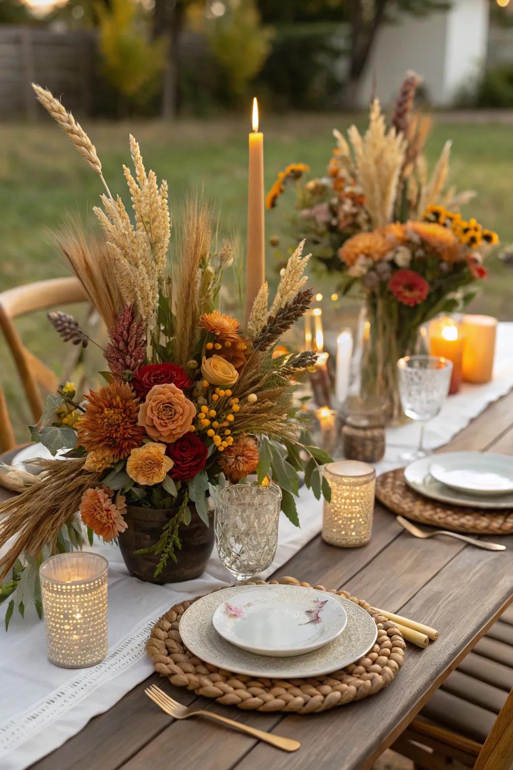 Surprising floral arrangements with wheat stalks spark conversation.