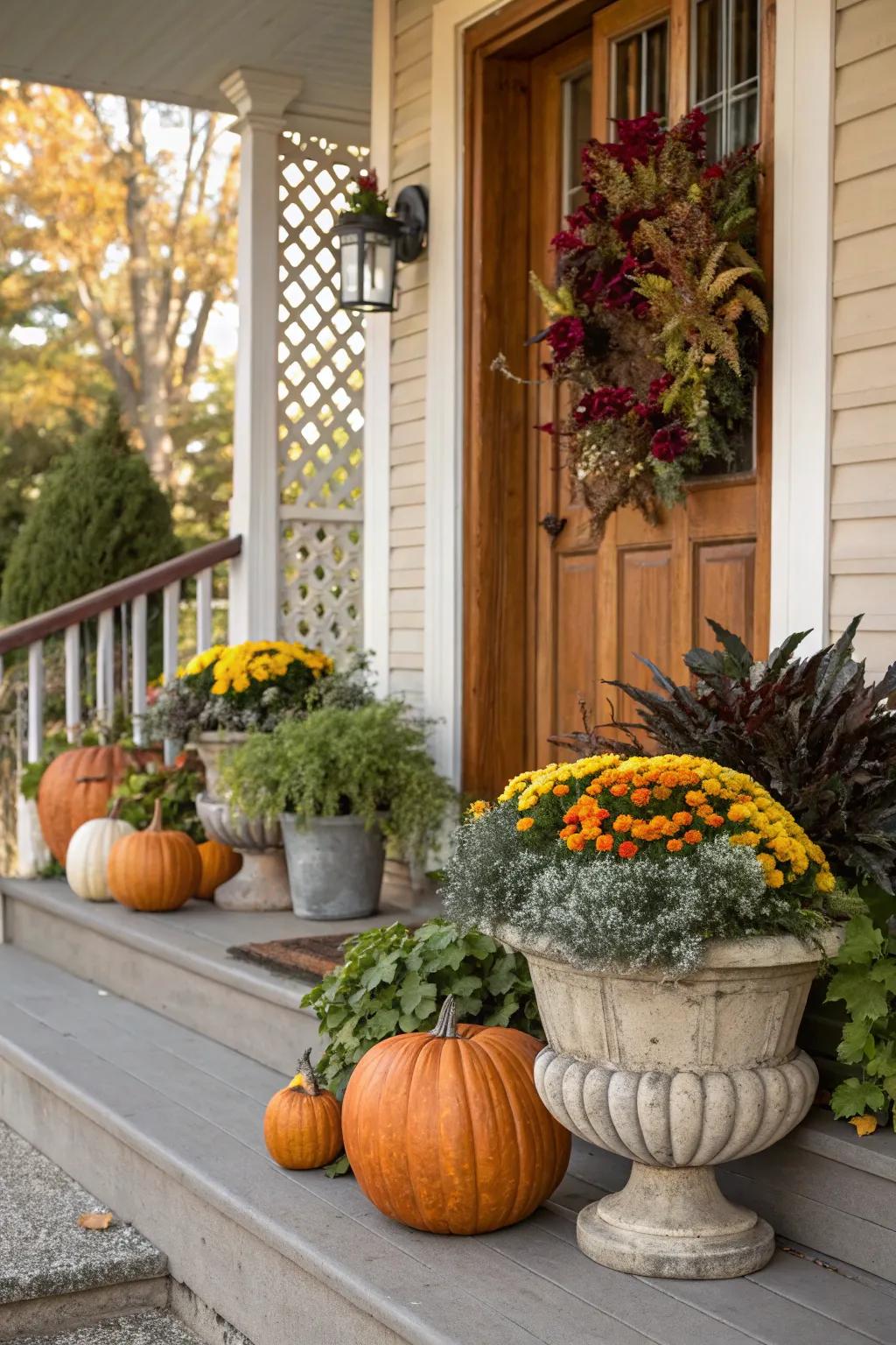Reutilized vessels loaded with seasonal vegetation convey a contemporary autumnal appearance.