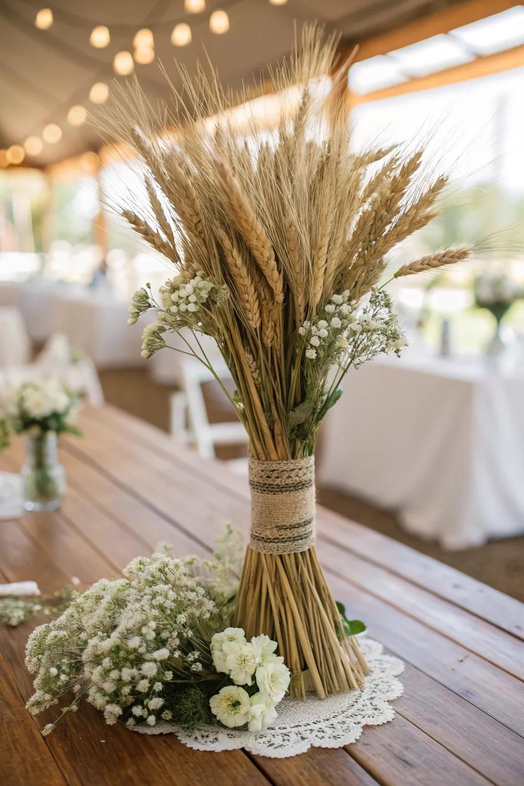 Bundled grain adds countryside fantasy to this charming fall wedding centerpiece.