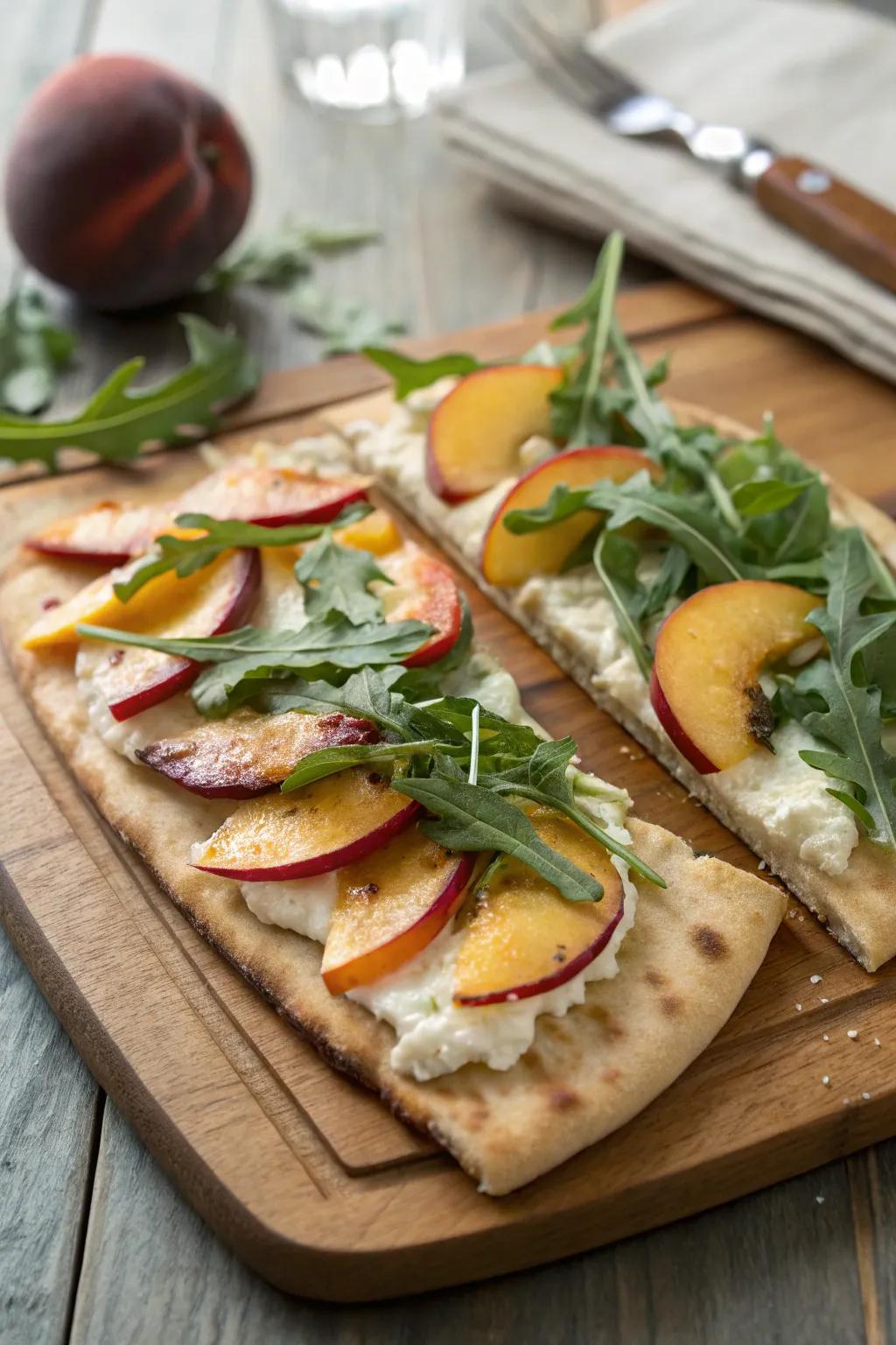 Peach and arugula flatbread, an irresistible harmony of sweet and savory.