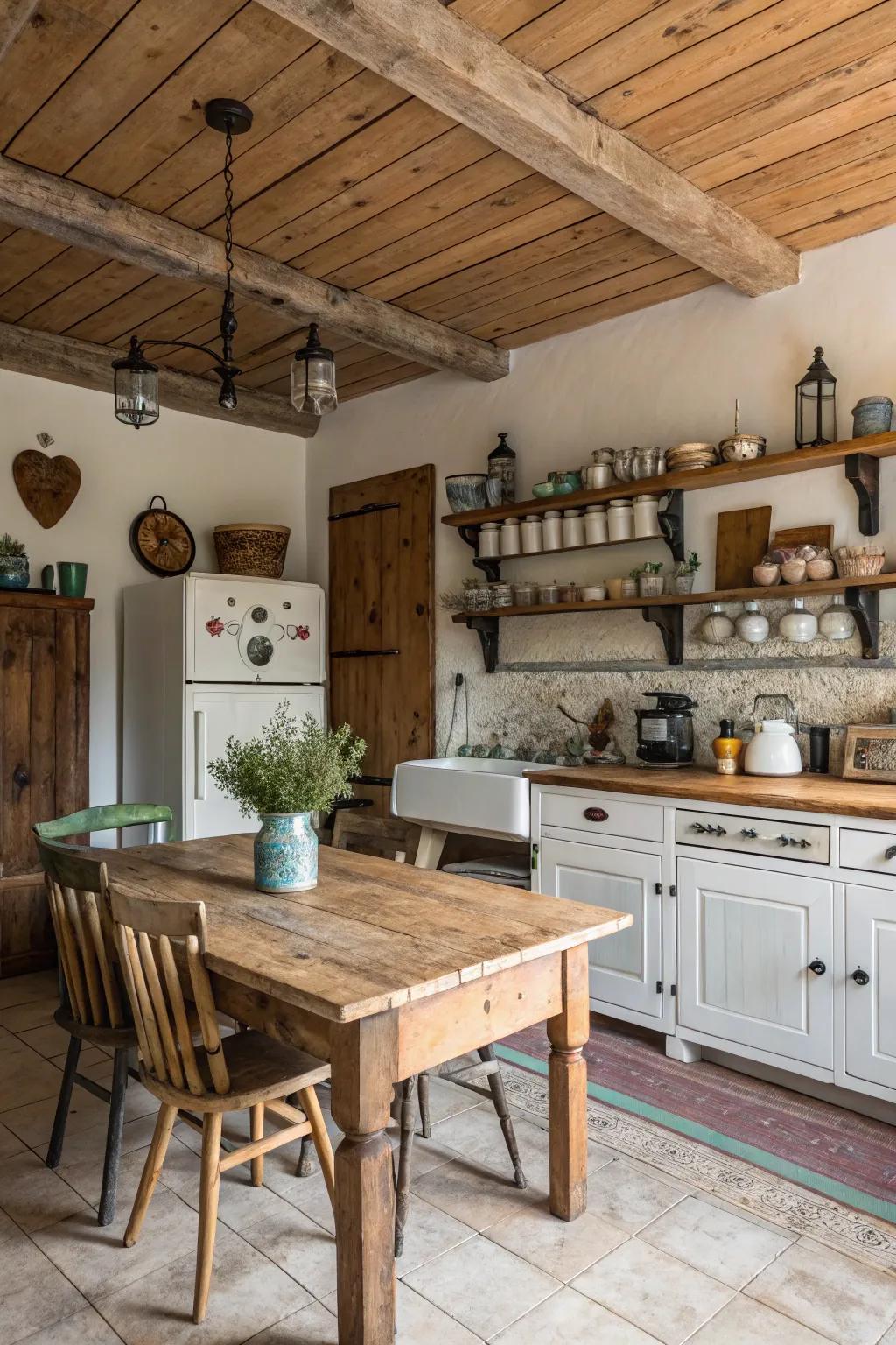 Woodwork paneling infuses warmth and texture into this farmhouse kitchen ceiling.