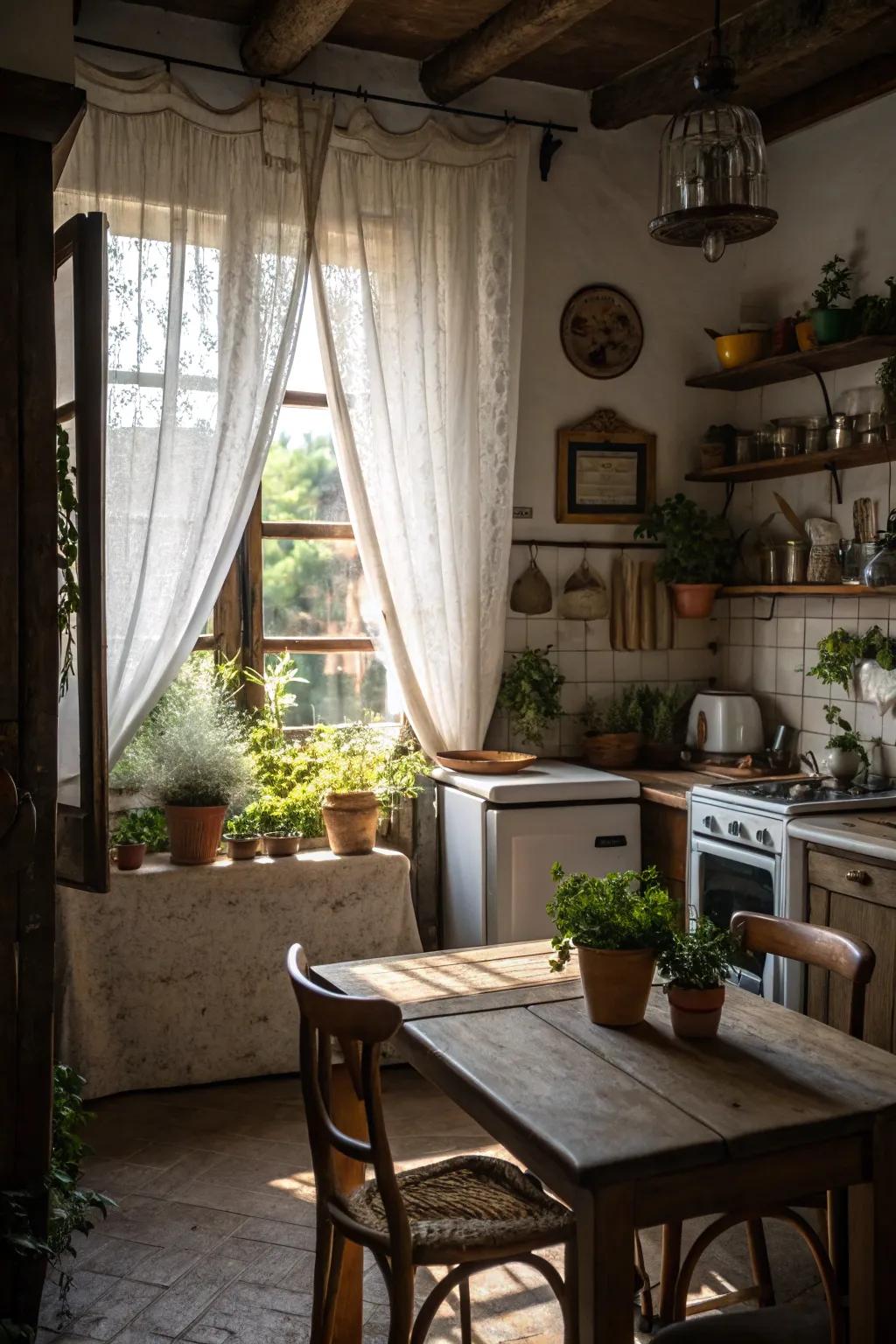 Quaint cafe curtains enhancing the rustic charm of a farmhouse kitchen.