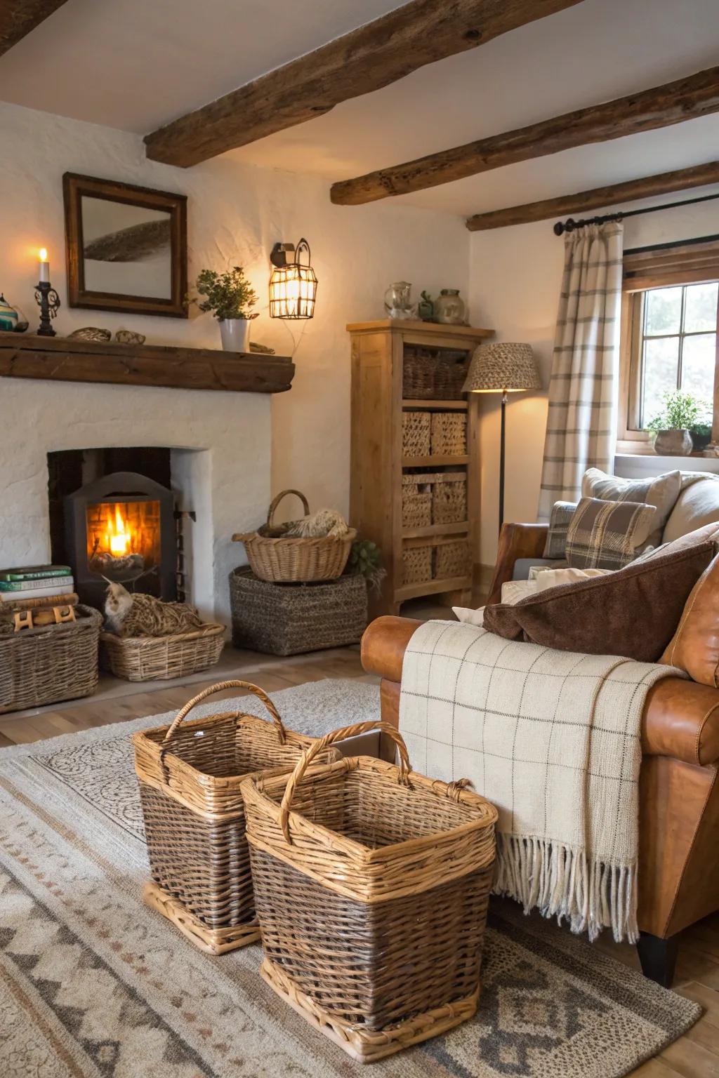 Wicker containers furnish storage and texture within this farmhouse living space.