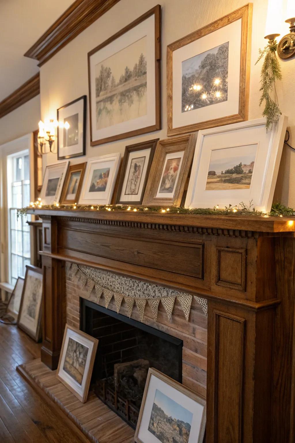 Layered framed art adds visual interest and a gallery effect to the mantel.
