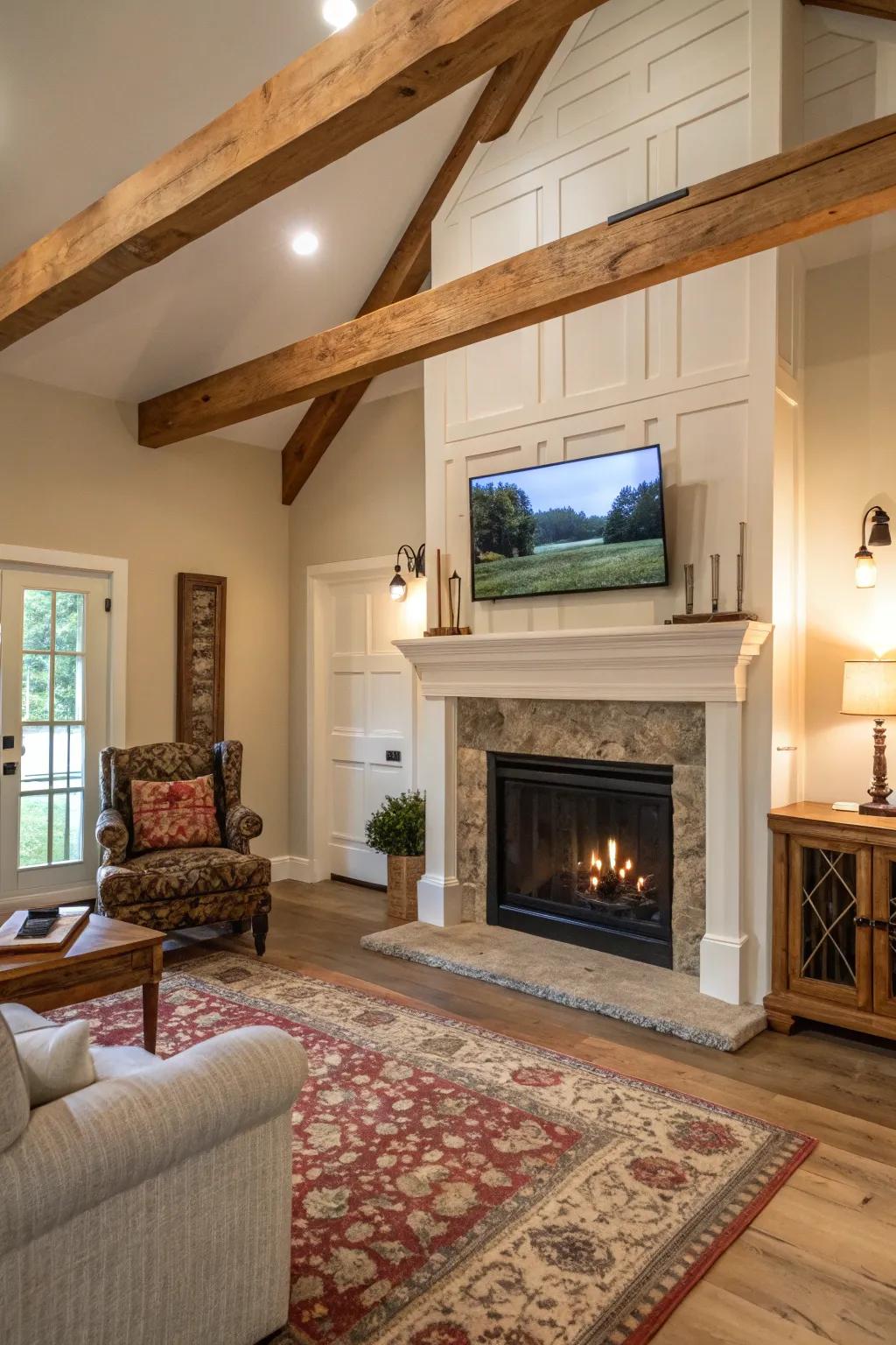 A cohesive farmhouse living space with a TV above the mantel, featuring a tinted fireplace.