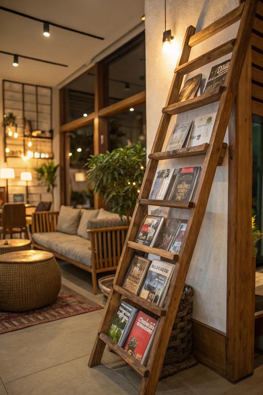 A magazine rack presented on a rustic ladder