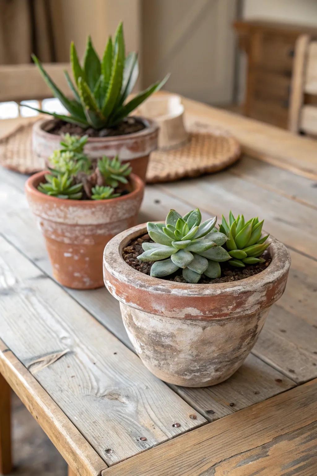 Rustic clay receptacles replete with succulents append allure and hue effortlessly.