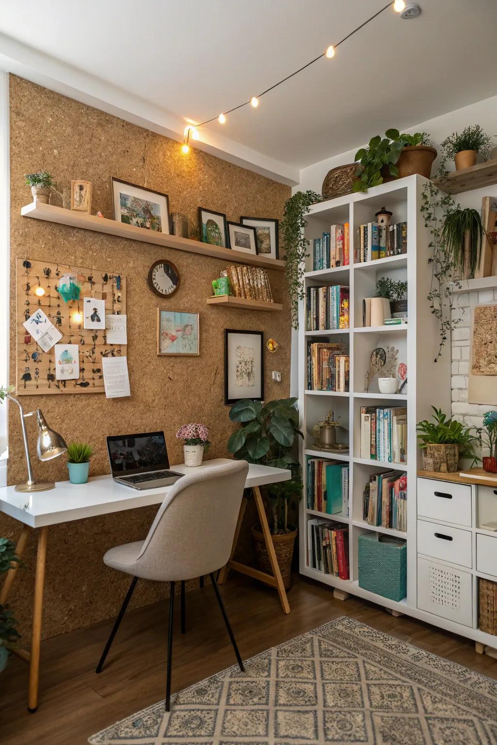 A cork wall serves as a unique and functional feature in this study.