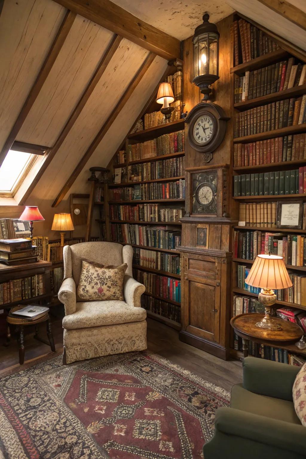 A vintage-inspired attic library for book enthusiasts.