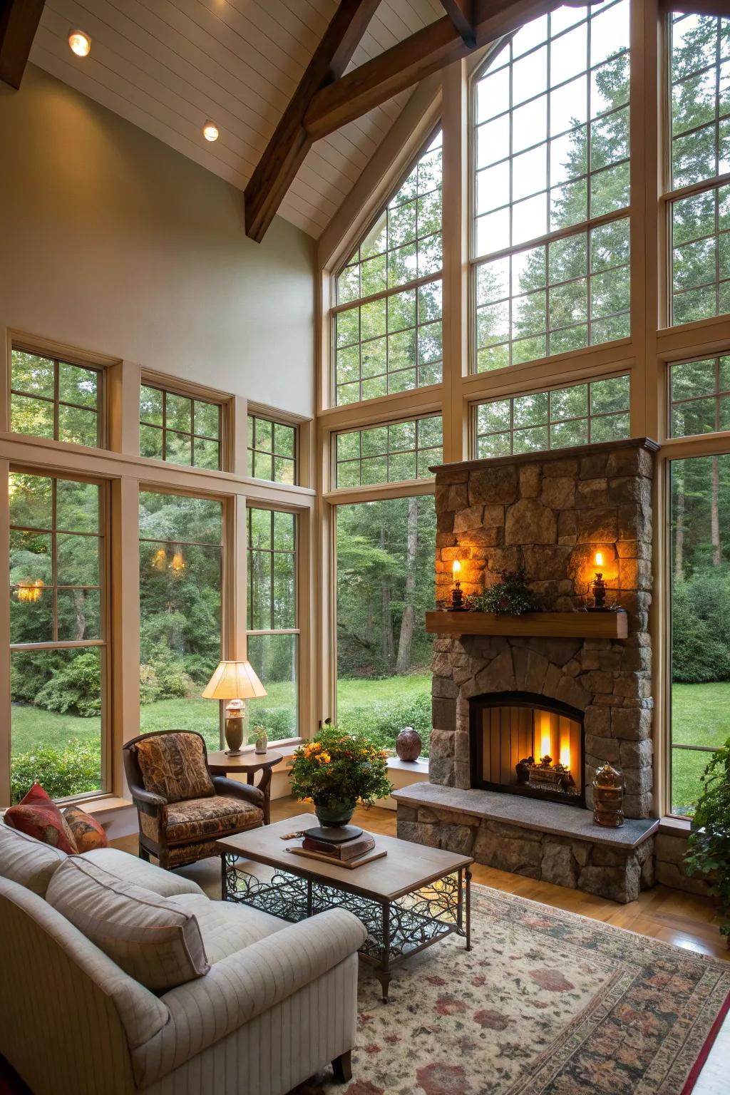The garden view enhances the calming atmosphere of the room.