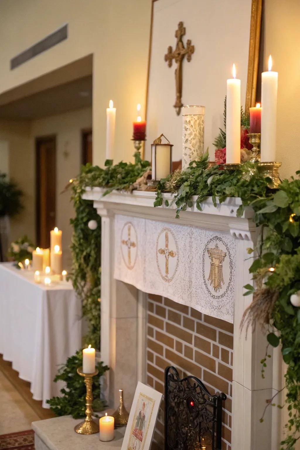 An adorned mantel introduces a charming and thematic focal point to the area.