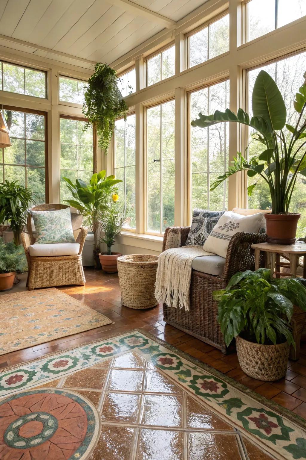 Sustainable sunroom displaying recycled material flooring.