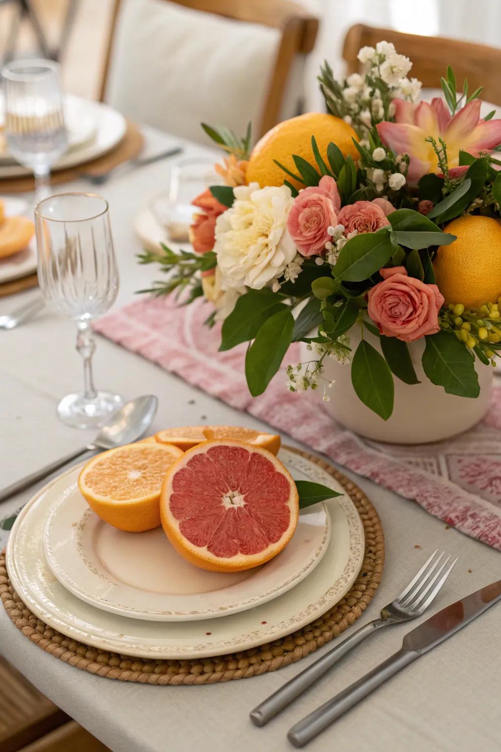Fresh citrus and flower centerpiece, bringing a lively and fragrant accent to your table.