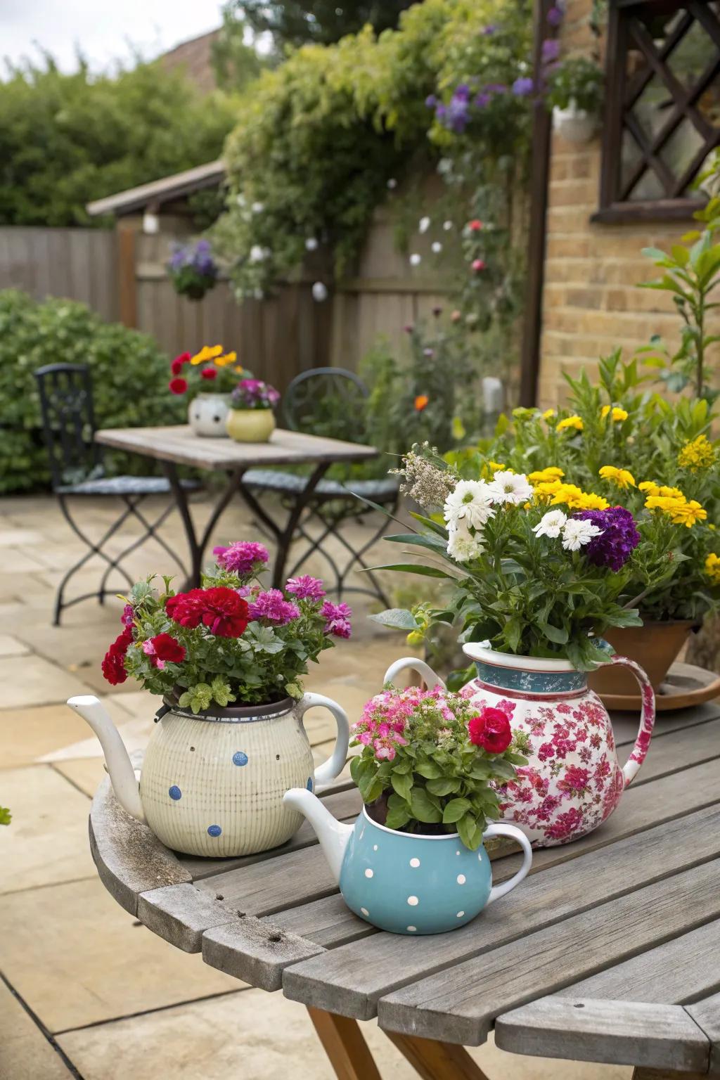 Include a whimsical element with unique tea kettle planters.
