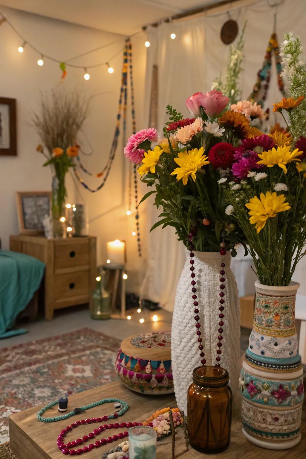 Beads and charms bestow displays a bohemian flair.