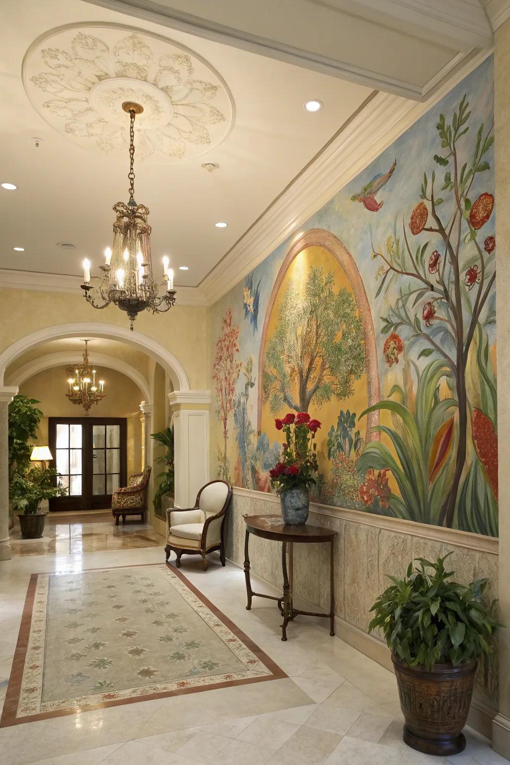 A hand-painted mural adding style to the foyer.