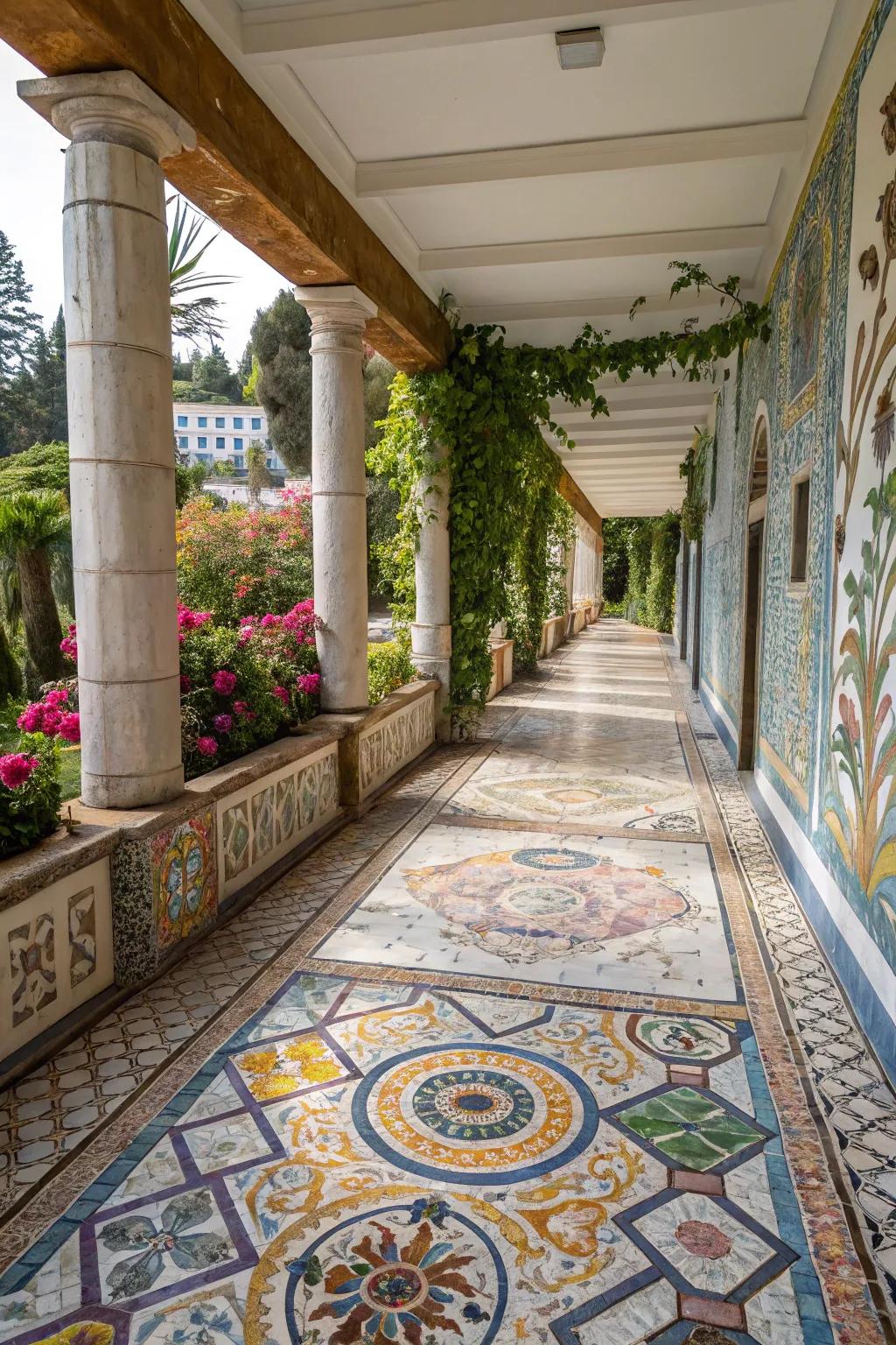 A vibrant path featuring a colorful mosaic tile pattern.