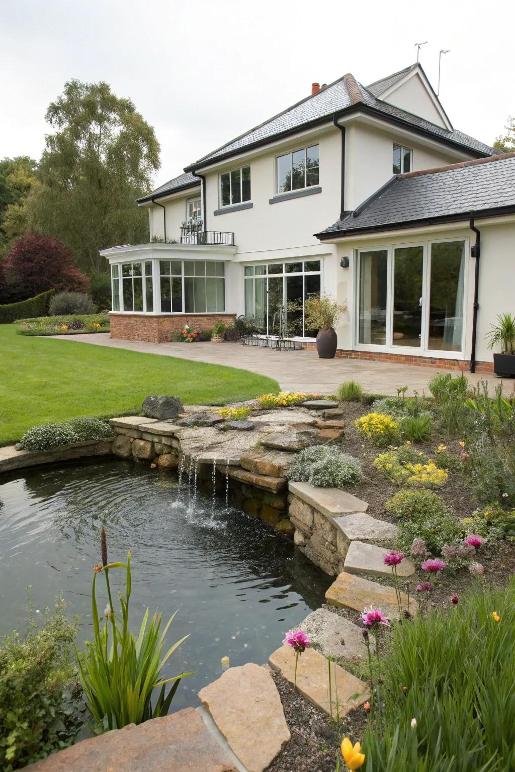 A calming water feature that greets visitors at the front extension.