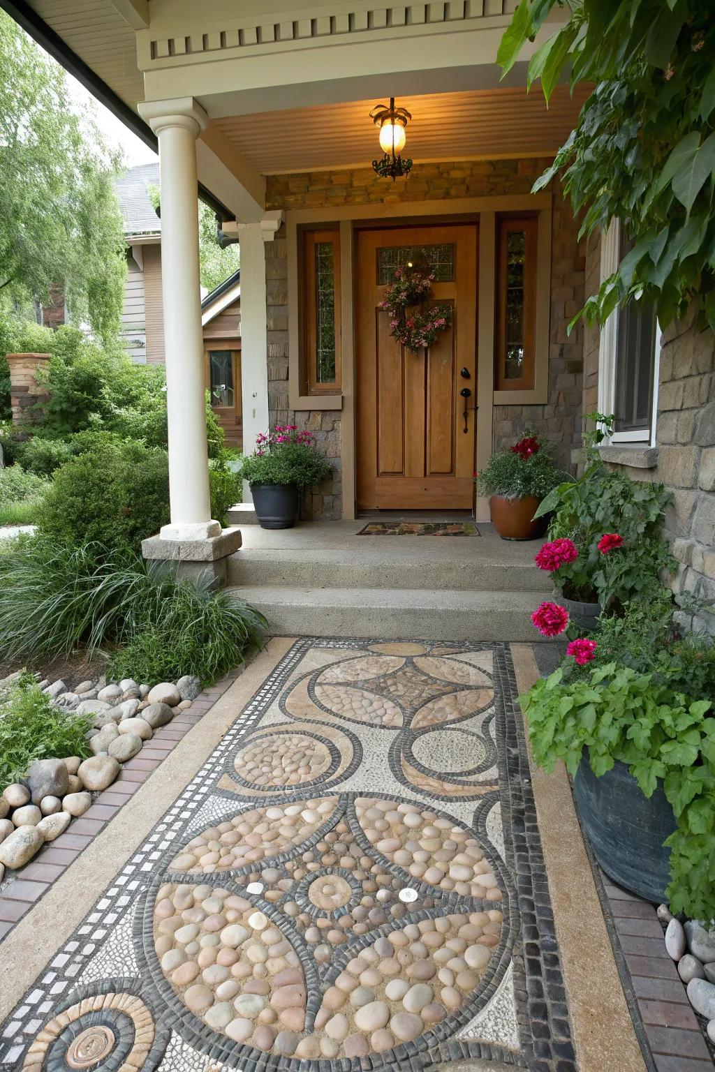 Tiny stone artistic pattern flooring introduces artistic flair and texture to porches.