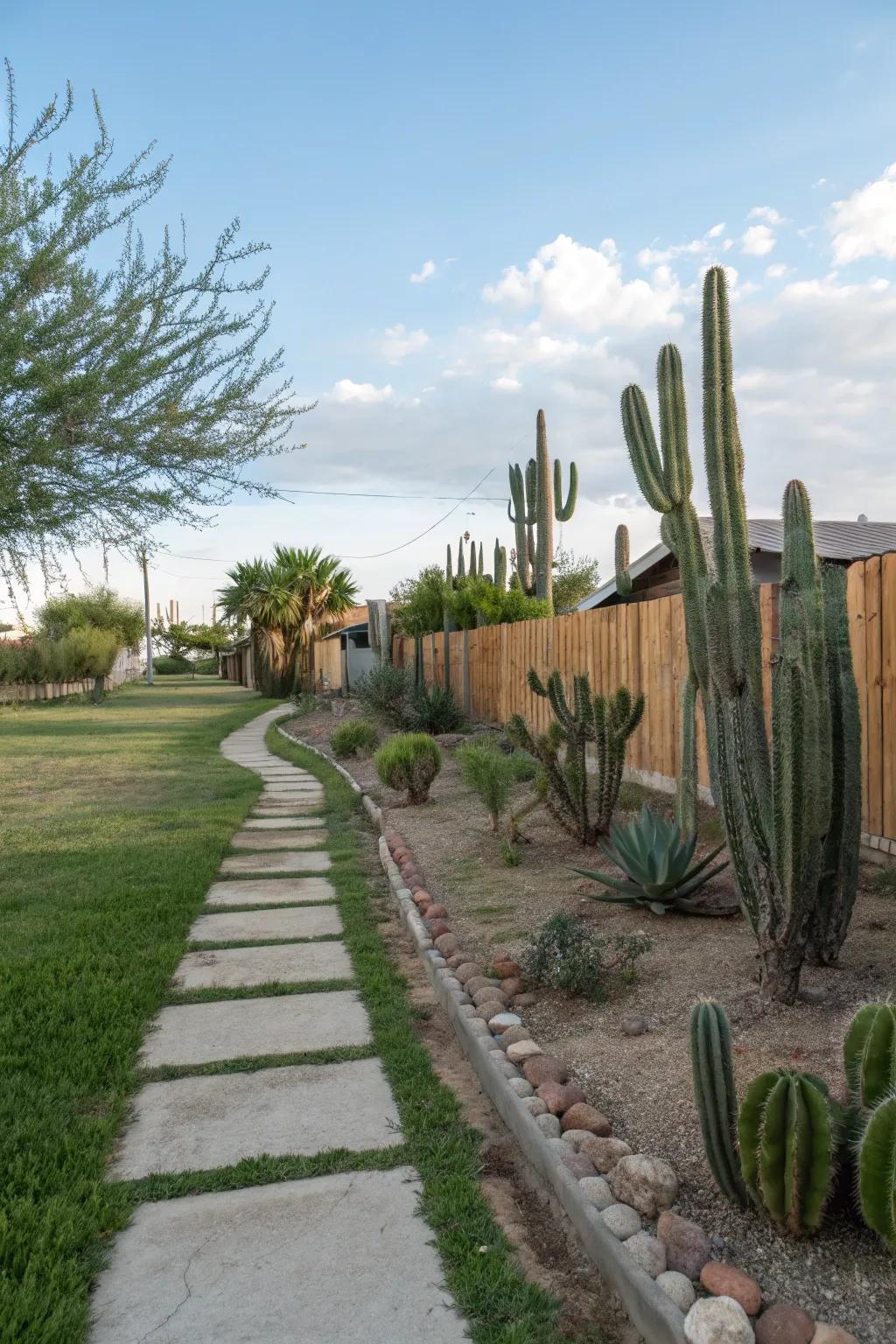Cacti fashioning simplistic enclosures along pathways.