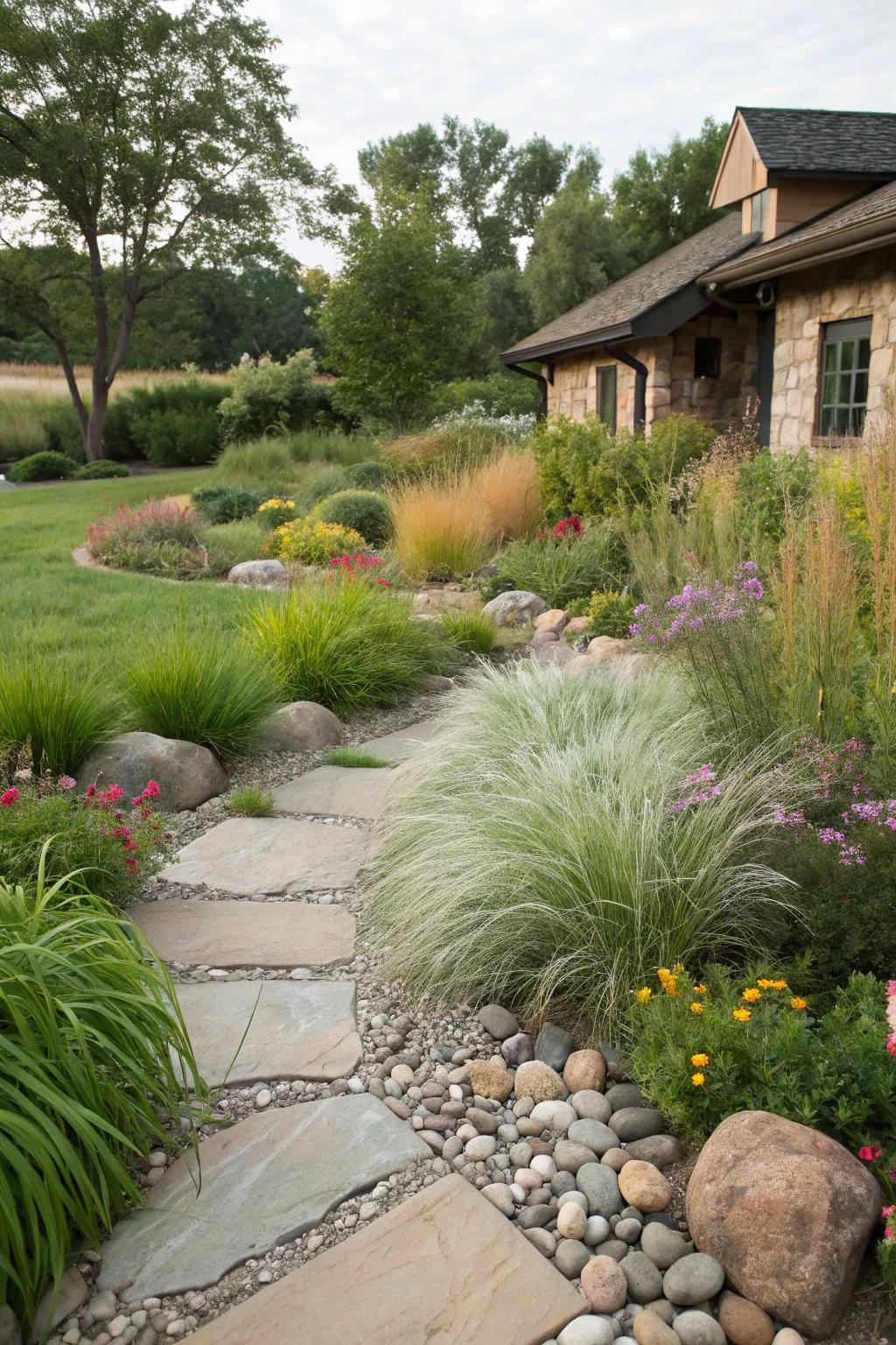 A corner lot garden showcasing a variety of textures for visual interest.