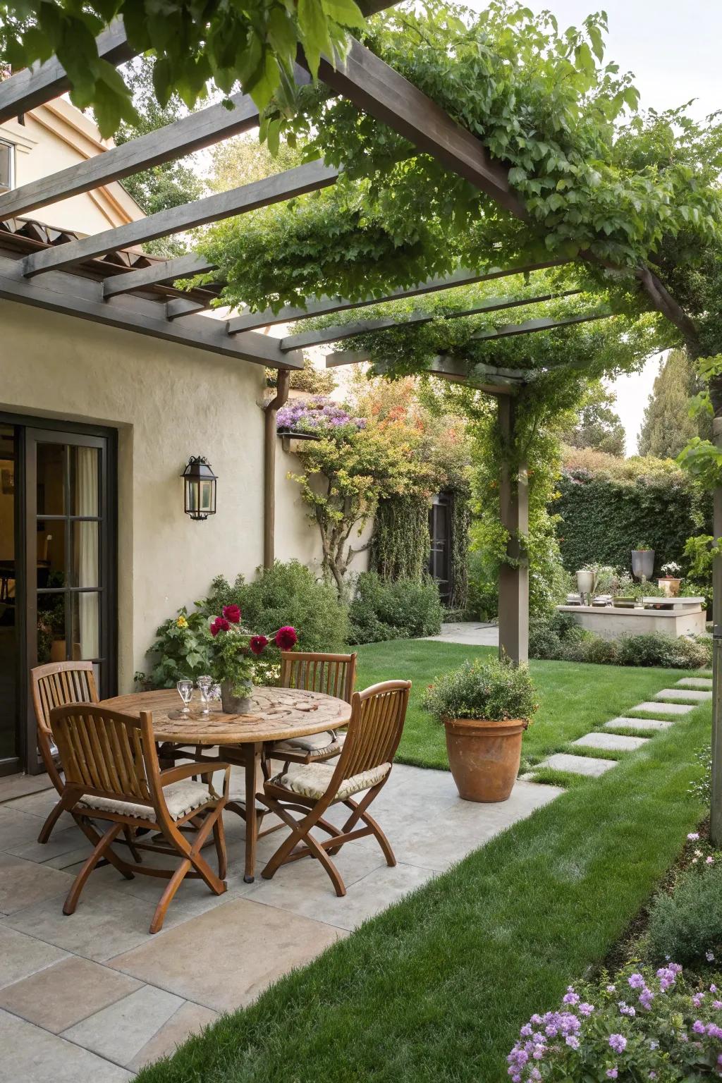 An outdoor dining spot is ideal for relishing meals in the courtyard.