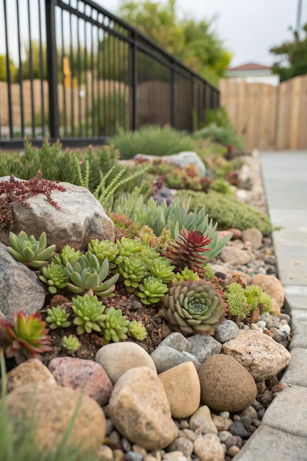 Rock spaces add texture and reduce upkeep needs.