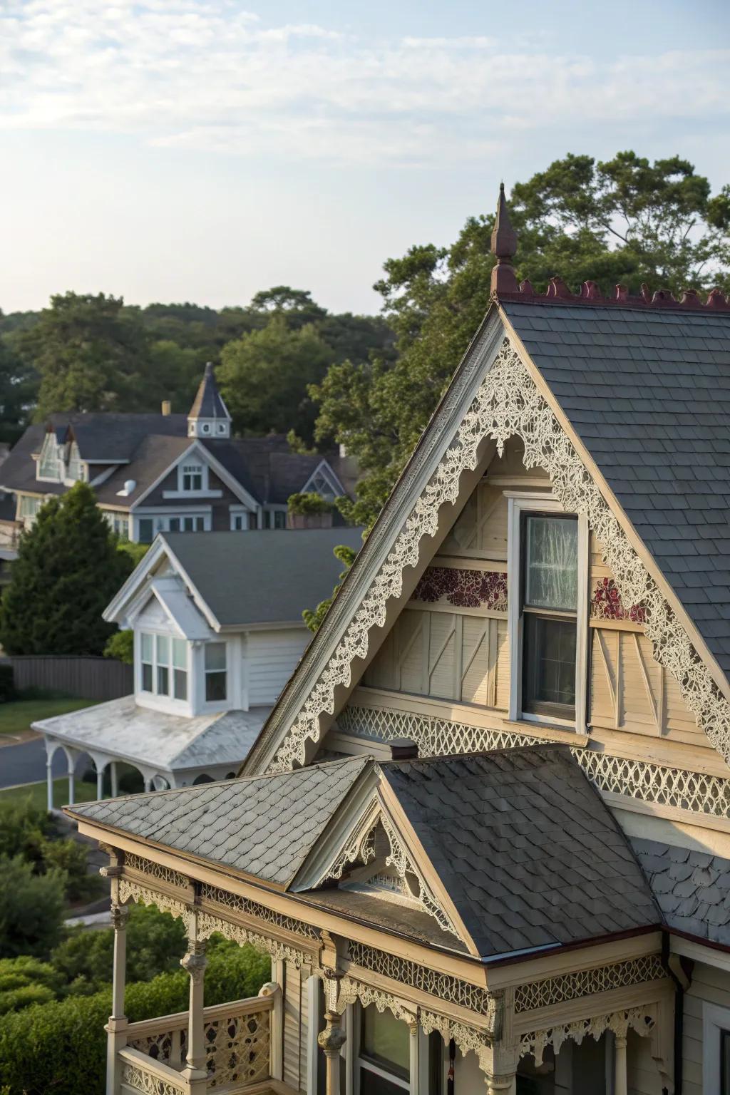 Layered textures craft dynamic gable schemes.